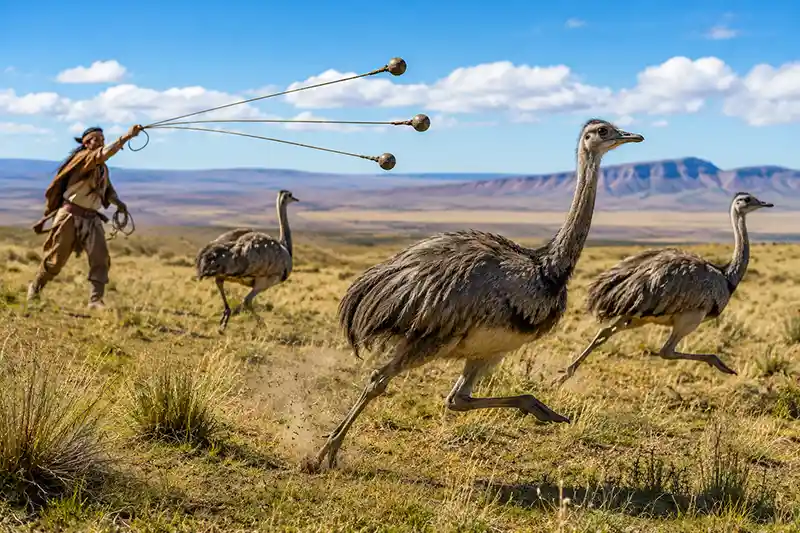 Hunter throwing bolas toward running rheas on open grassland