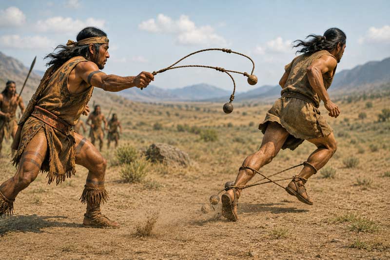 South American hunter using bolas to entangle a fleeing targets legs.