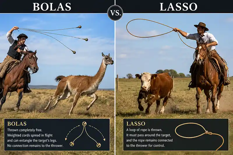 Bolas and lasso compared as traditional methods for capturing moving animals