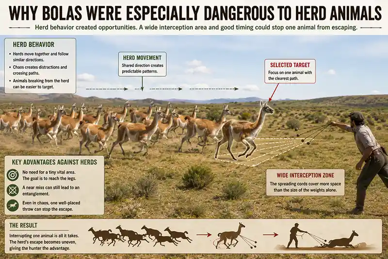 Hunter targeting one guanaco in a running herd with bolas