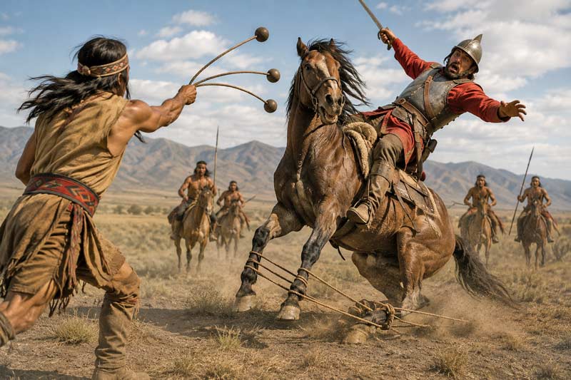 Warrior using bolas to unseat a mounted rider