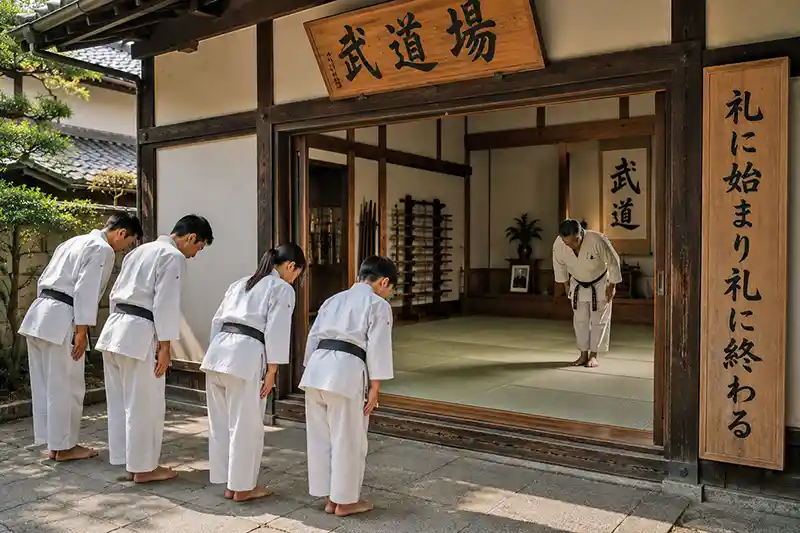 Students bowing before entering a traditional Japanese dojo as their instructor returns the bow