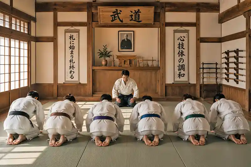 Martial arts students bowing respectfully to their instructor inside a traditional Japanese dojo