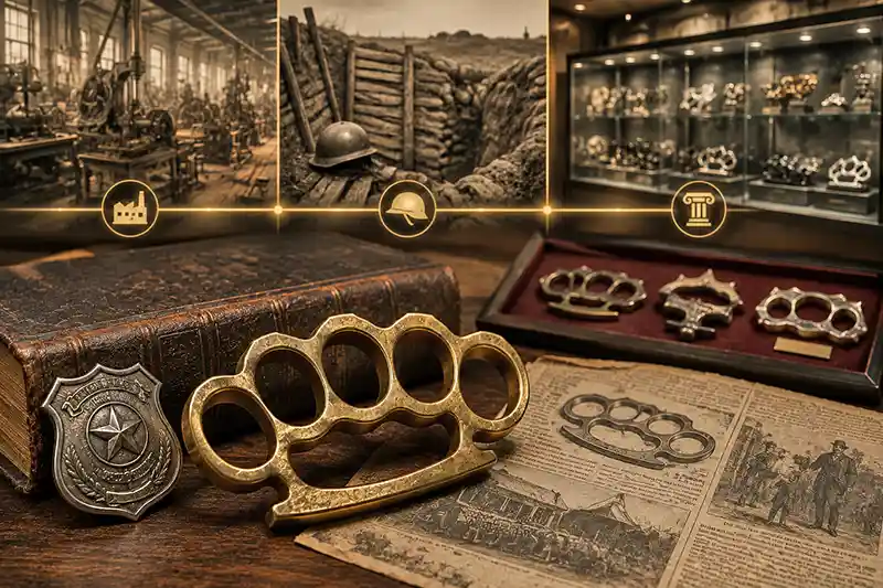 Antique brass knuckles displayed with historical artifacts tracing their evolution through history.