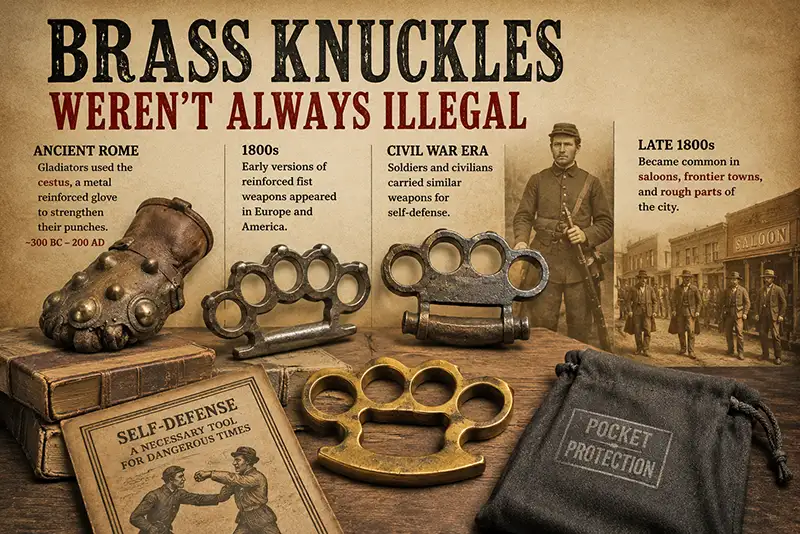 Antique brass knuckles and Roman cestus illustrating the history of reinforced fist weapons.