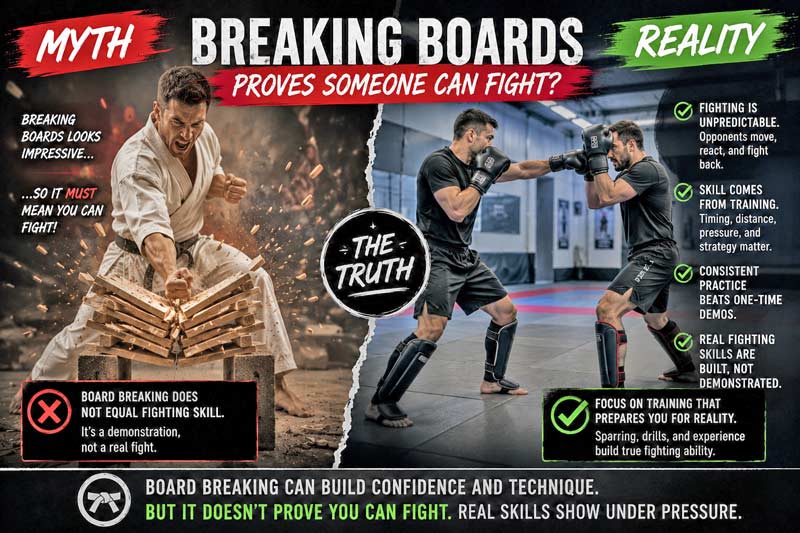 Myth vs reality image comparing dramatic board breaking demonstrations with realistic martial arts sparring and fighting practice.