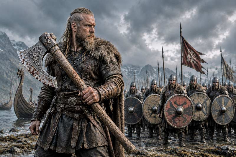 Viking warriors on a stormy shore