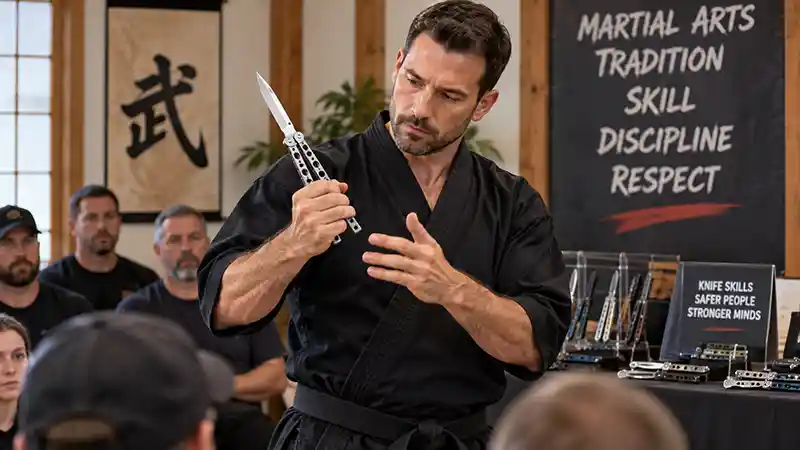 Adult martial artist demonstrating a butterfly knife at a modern training seminar