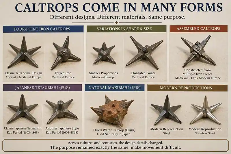 Different historical caltrop designs from Europe and Japan