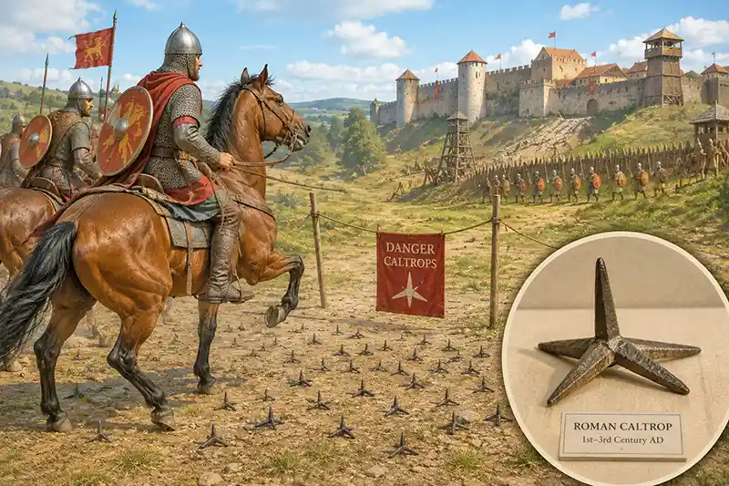 Medieval cavalry approaching a field of defensive caltrops