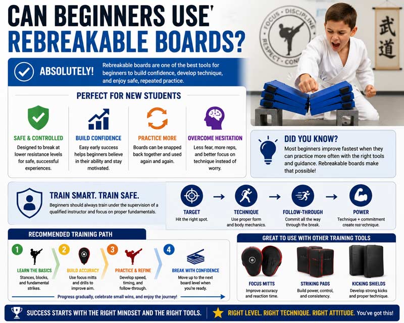 Infographic explaining how beginners can safely use rebreakable boards for martial arts training, confidence building, and skill development