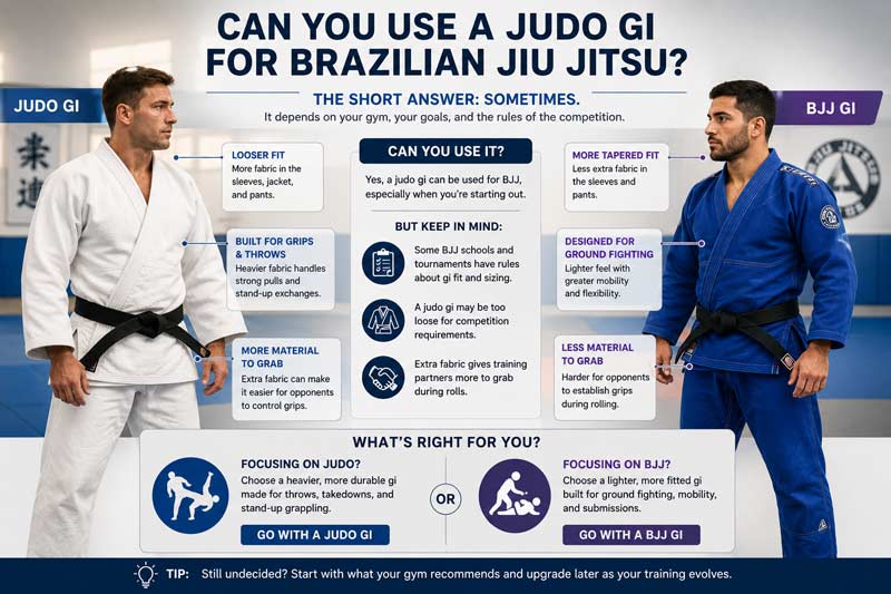 Infographic comparing whether a judo gi can be used for Brazilian Jiu Jitsu, showing fit, grip, and mobility differences between uniforms