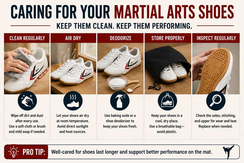 Infographic showing tips for cleaning, drying, storing, and maintaining martial arts shoes.