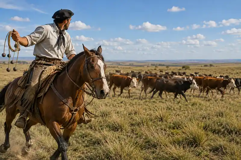 Gaucho riding across the Pampas with bolas while herding cattle