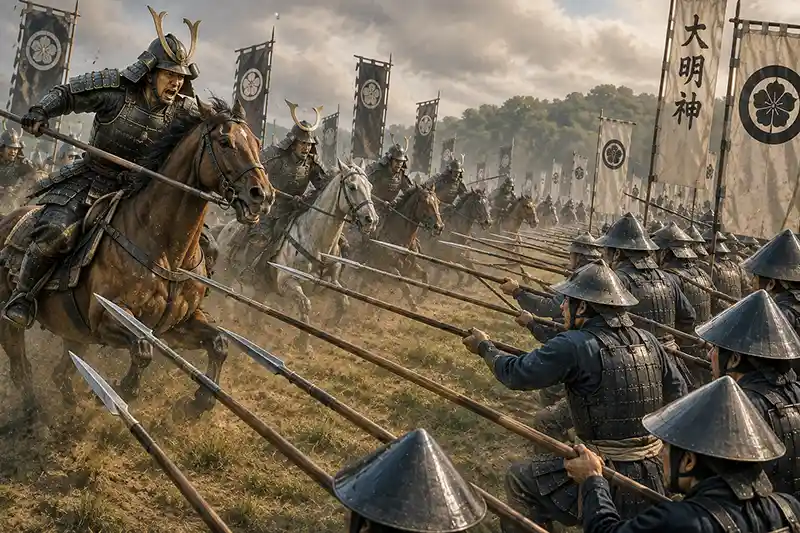 Ashigaru soldiers bracing a wall of yari spears against a charging samurai cavalry attack.
