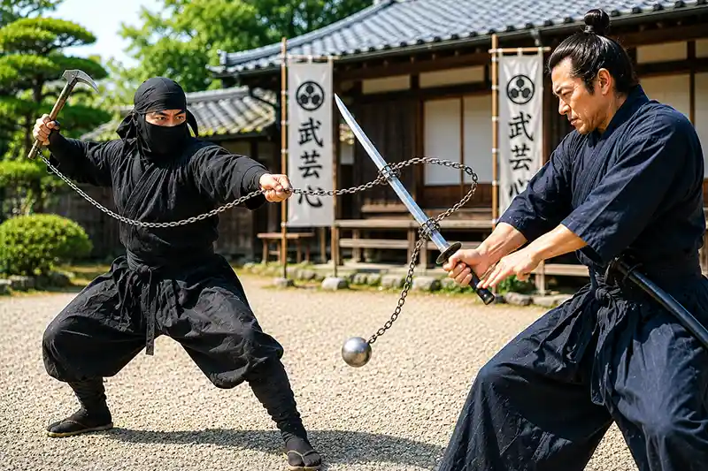 Kusarigama chain wrapping around a swordsman's katana during combat.