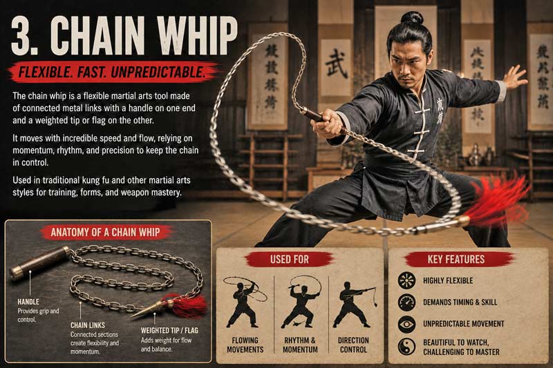 Martial artist demonstrating a chain whip in a dojo with infographic panels explaining movement, flexibility, and chain whip techniques