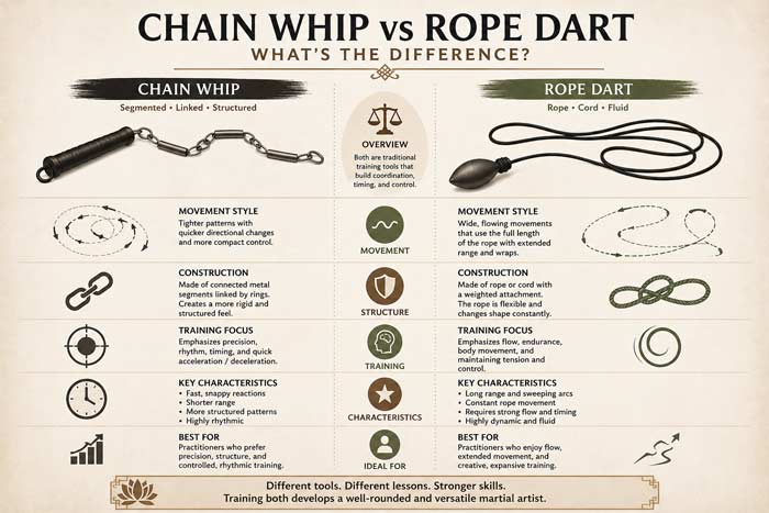 Infographic comparing chain whip and rope dart training tools, highlighting differences in movement style, construction, coordination, and martial arts practice