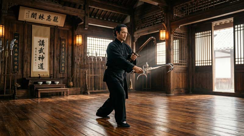 Martial artist demonstrating ornate Chinese hook swords in a traditional dojo with infographic panels explaining their unusual design and kung fu history