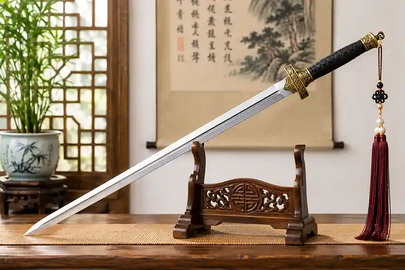 Traditional Chinese jian with a straight blade and decorative tassel