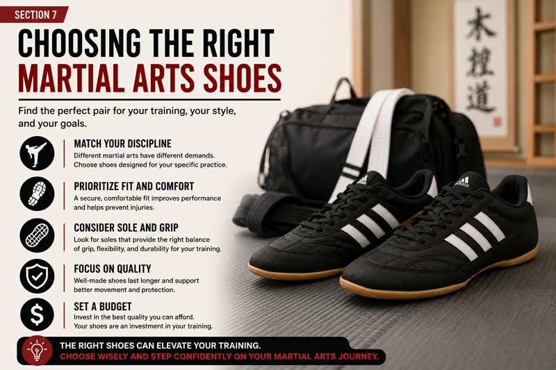 Infographic showing how to choose the correct martial arts shoes.