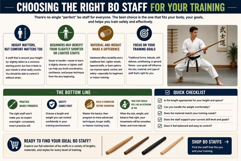 Infographic explaining how to choose the right bo staff for training, showing how height, material, weight, and training goals affect staff selection, plus beginner tips and a bo staff buying checklist