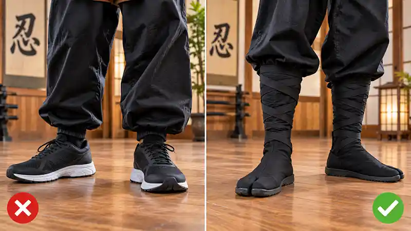 Ninja costume footwear comparison showing modern sneakers versus traditional split-toe tabi boots
