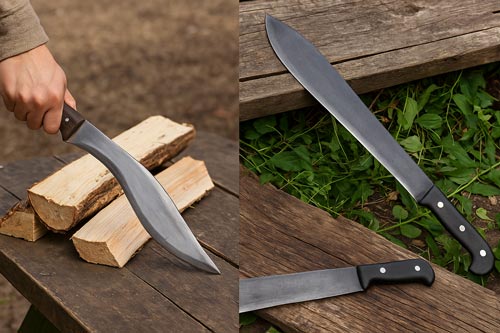 A kukri chopping wood and a machete resting on a wooden bench with green leaves.