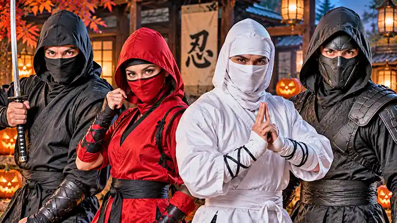 Adult ninjas wearing different mask and hood styles with black, red, and white costumes