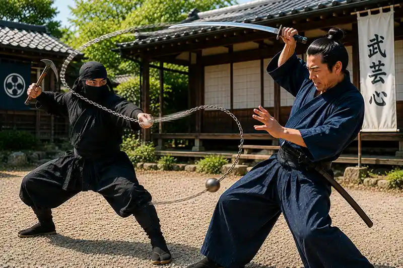 Kusarigama wielder changing the chain's rhythm to confuse a swordsman.