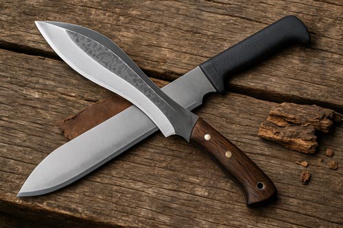 Close-up of a kukri and machete on wood, showing blade and handle materials.