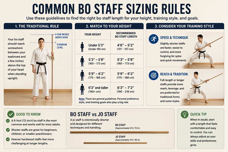 Infographic explaining common bo staff sizing rules, showing recommended staff lengths by height, training style considerations, and the difference between a bo staff and jo staff for beginners and martial arts training