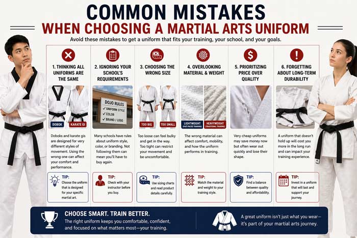 Common mistakes when choosing a martial arts uniform including sizing, material, and school requirements