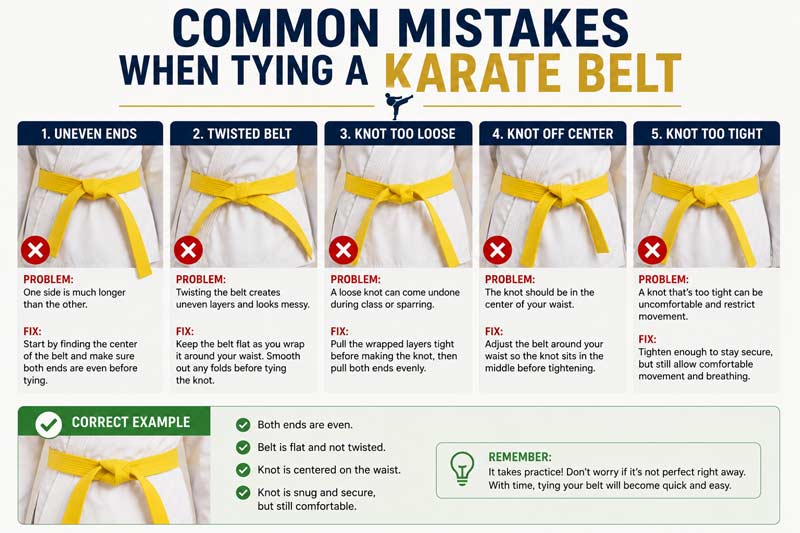 Infographic showing common karate belt tying mistakes using a yellow belt, including uneven ends, twisted belts, and loose knots