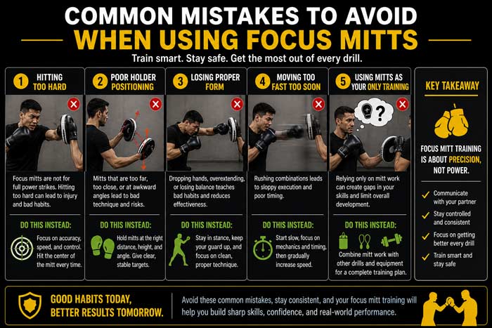 Infographic showing common focus mitt training mistakes including hitting too hard, poor positioning, and bad form