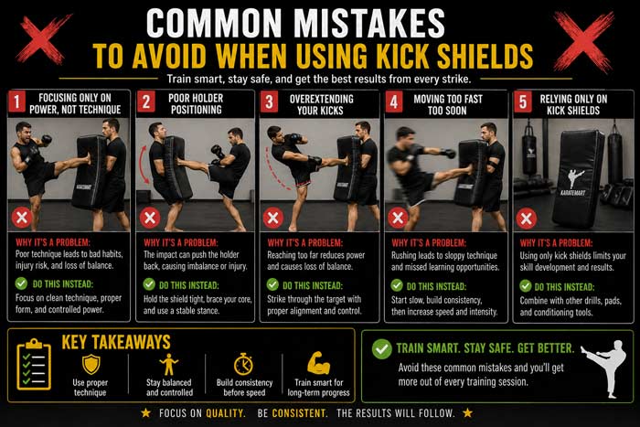 Infographic showing common mistakes when using kick shields including poor technique, bad positioning, and overextending kicks