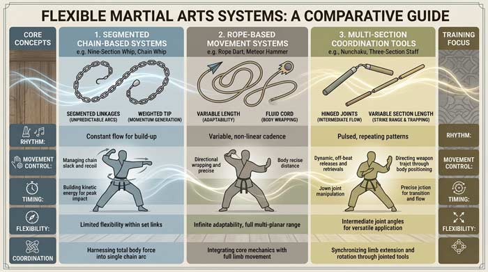 Infographic showcasing common types of flexible martial arts systems with abstract training equipment illustrations and movement-based training concepts