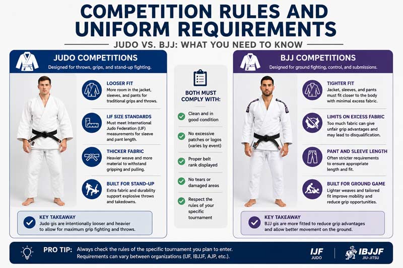 Infographic comparing judo and BJJ competition uniform rules, showing differences in fit, sleeve length, fabric, and tournament requirements