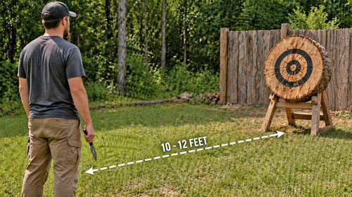 Knife throwing practice in the yard