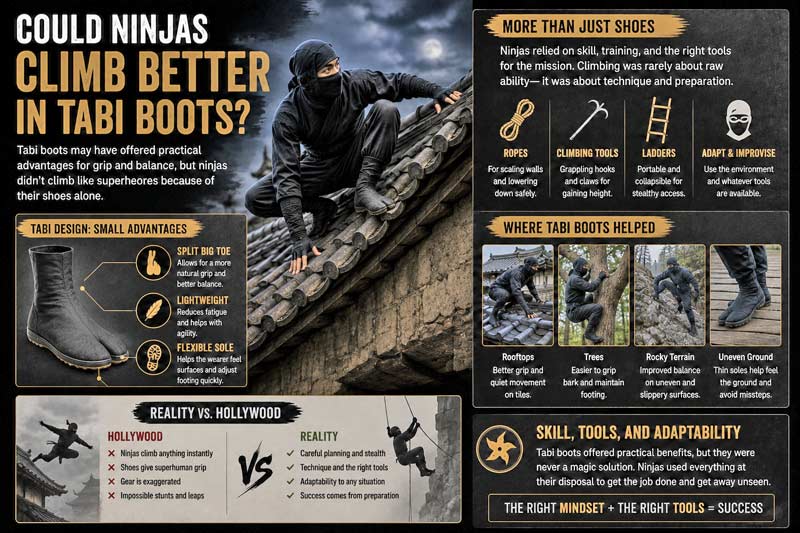 Infographic exploring whether tabi boots helped ninjas climb better and the practical advantages of split-toe footwear.