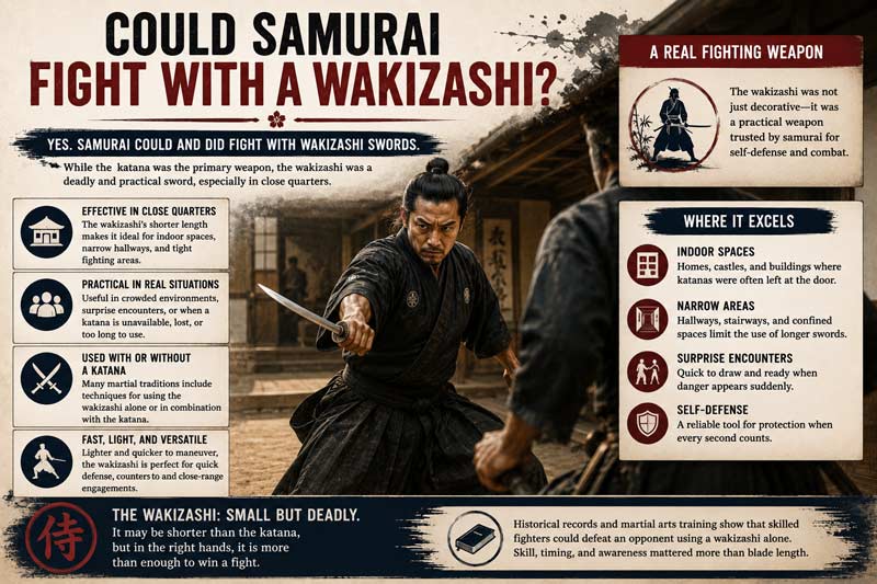 Infographic explaining how samurai fought with wakizashi swords, showing close-quarters combat, indoor use, self-defense roles, and practical advantages over longer blades