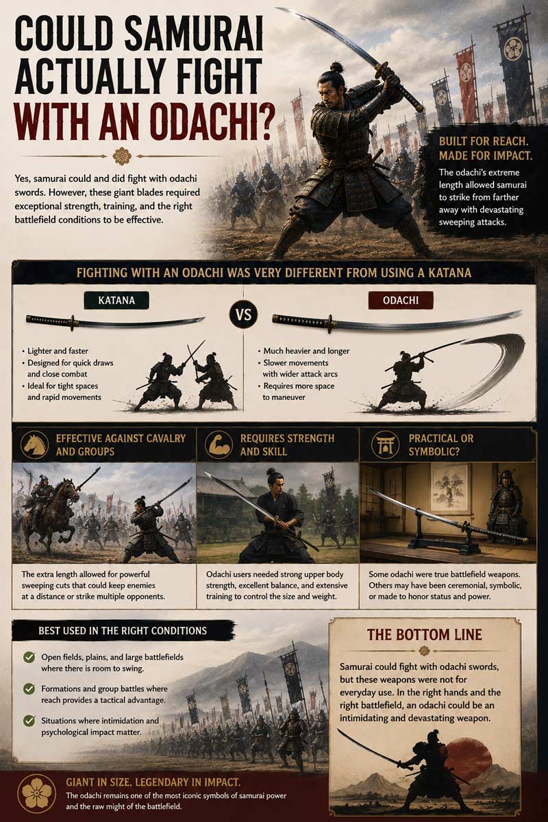 Infographic explaining whether samurai could actually fight with an odachi, showing battlefield use, combat advantages, training requirements, and differences between odachi and katana fighting styles