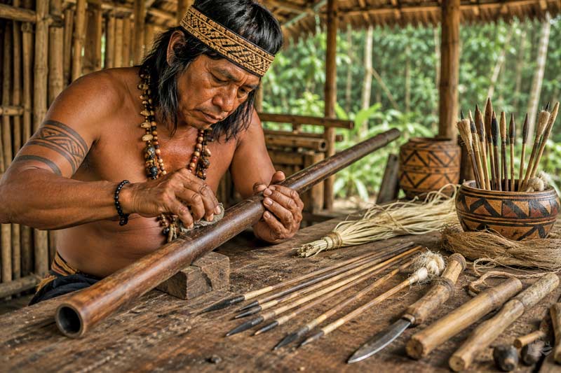Traditional craftsman handcrafting a wooden blowgun and hunting darts