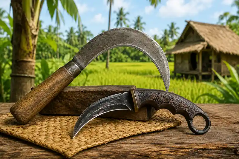 Traditional sickle and curved karambit displayed in a Southeast Asian farming setting