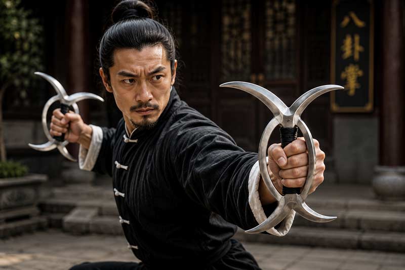 Martial artist demonstrating traditional Chinese deer horn knives