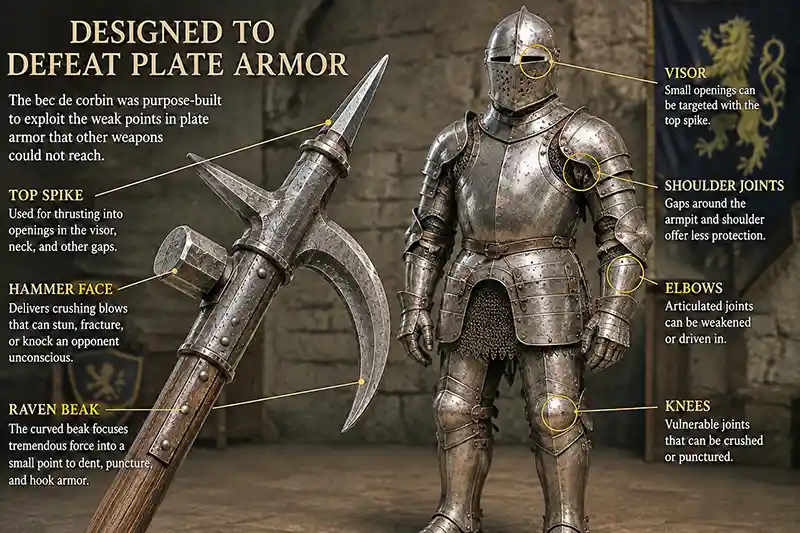 Diagram showing a bec de corbin beside plate armor with highlighted weak points for attack.