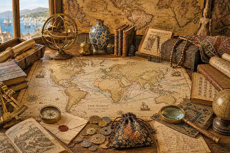 Historical world map showing ancient trade routes between cultures