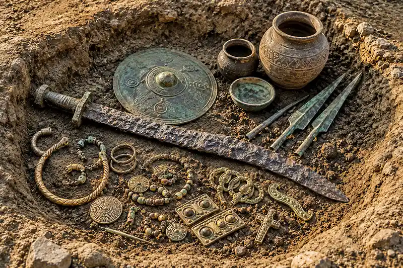 Ancient sword and valuable artifacts arranged as a ritual offering