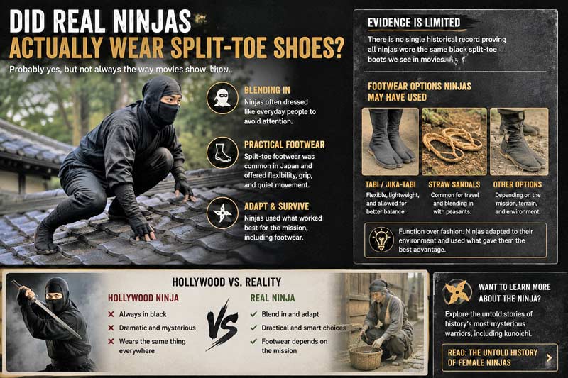 Infographic exploring whether real ninjas actually wore split-toe shoes and how ninja footwear differed from Hollywood myths.