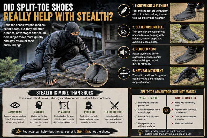 Infographic explaining whether split-toe ninja shoes actually helped with stealth and quiet movement.